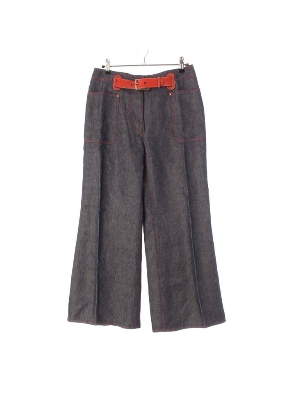 Hermes Linen Gaultier Era Sellier Buttons Belt Red Stitch Denim Pants Indigo 38